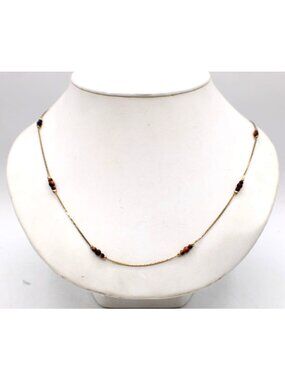 Gold-Tone Chain Long Necklace Brown Beads Elegant Minimalist Design Classic Vtg